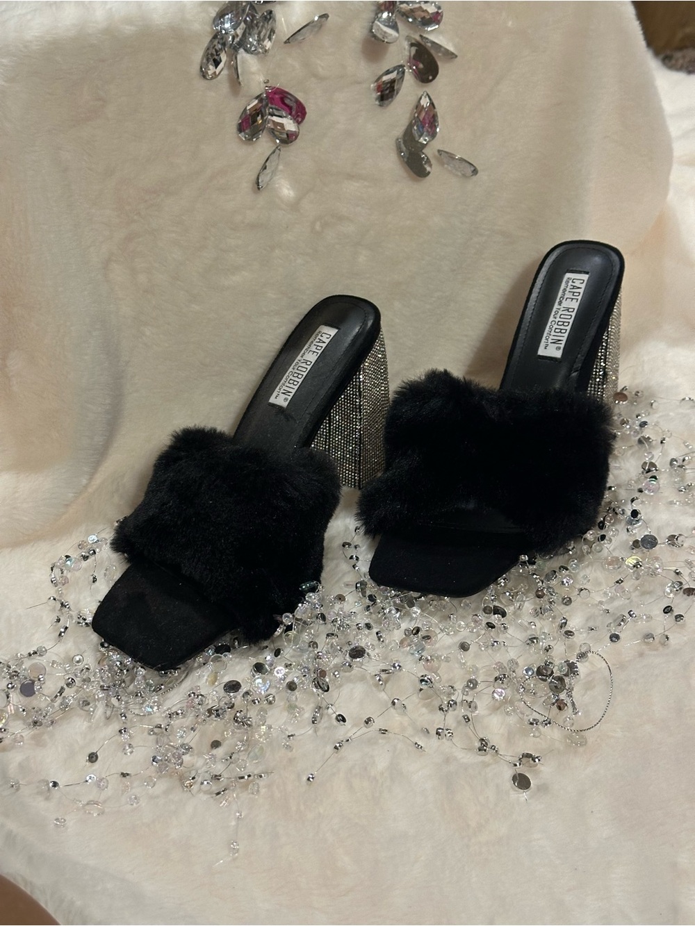 Steve Madden Black Faux Fur Mules with Rhinestone Block Heel